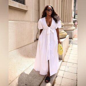 The Drop x Highlowluxxe White Puff Sleeve Front Bow Button Down Maxi Dress